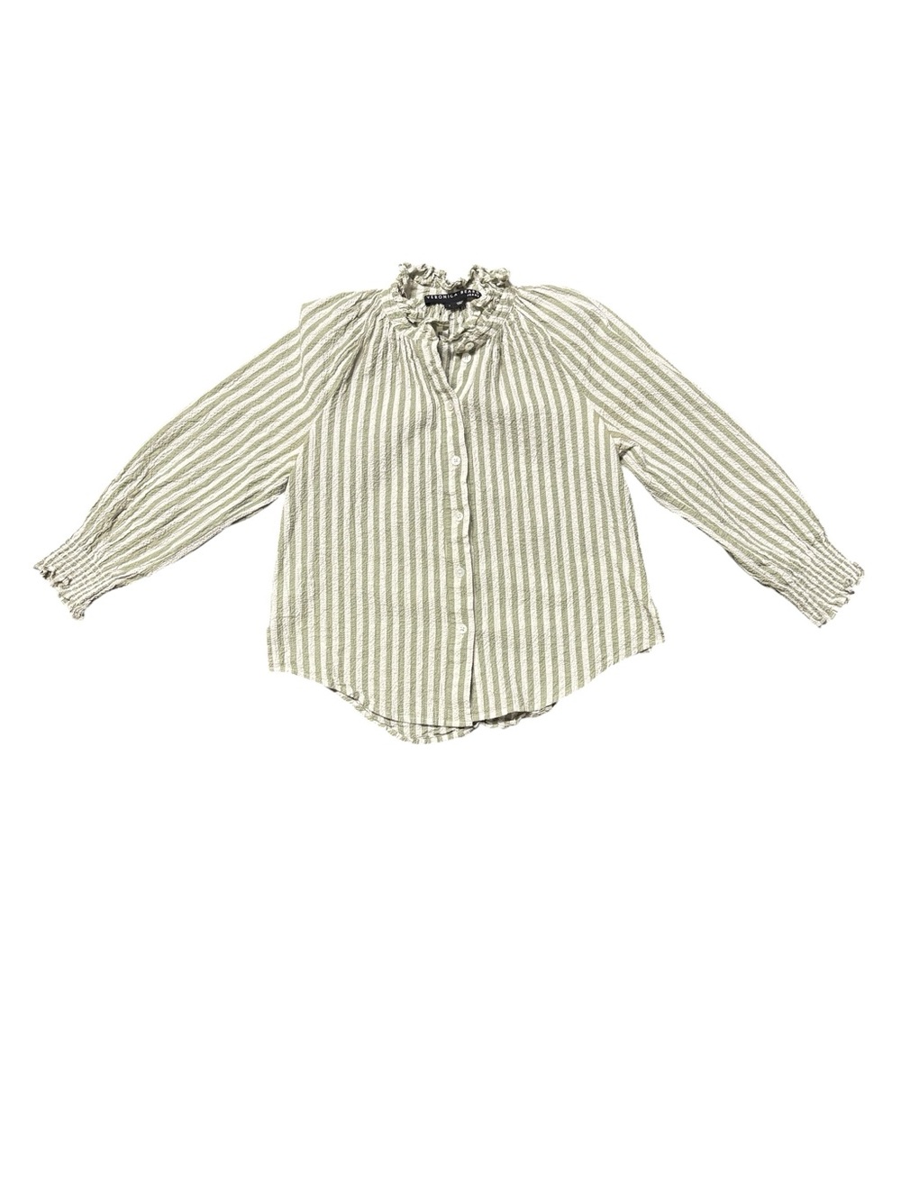 Veronica Beard Girls' Striped Ruffle Neck Button-Front Shirt - Cream & Olive